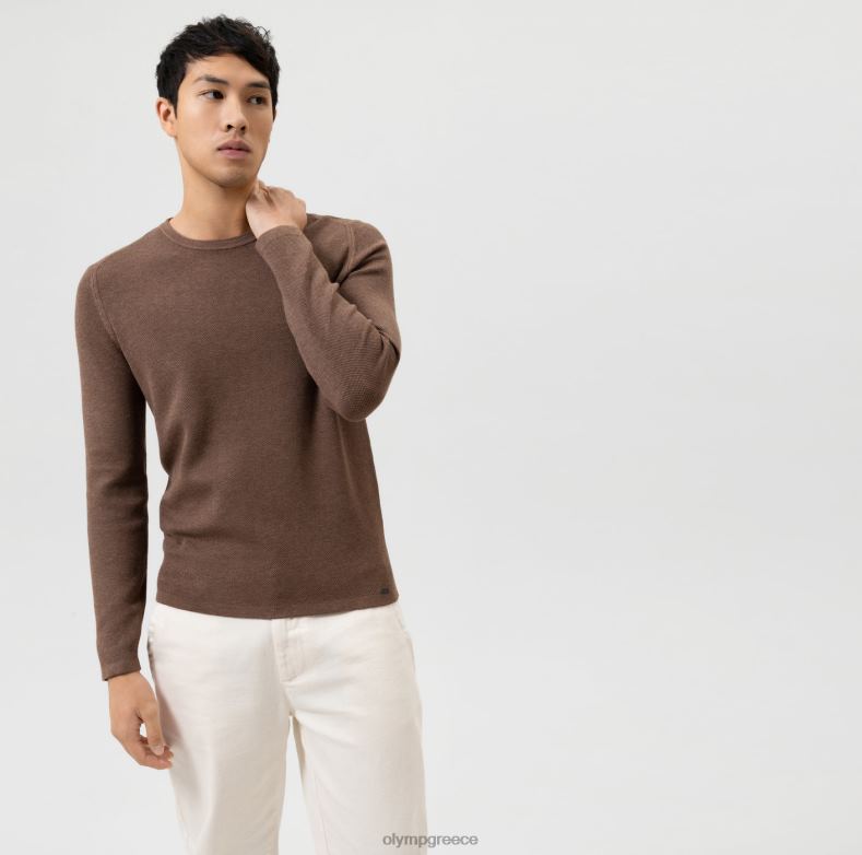 OLYMP Επίπεδο πέντε πλεκτά εφαρμογή στο σώμα, πουλόβερ λαιμόκοψη, καφέ H240R1760 είδη ένδυσης